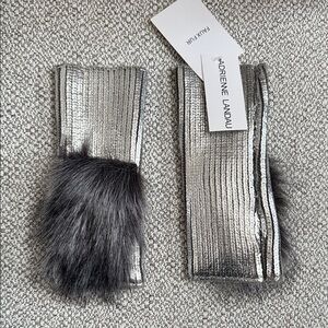 Adrienne Landau Metallic Silver Gloves with Black Fur